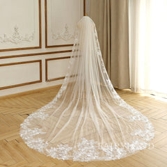 Full Lace edge Bridal Veil Leaves Wedding Veil Elegant Blush Veil