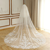 2 Layers lace appliques long tulle cathedral outdoor Wedding Veil