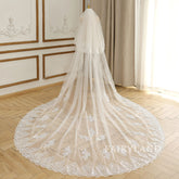 Cathedral Glitter Edge Flower Blush Wedding Veil For Bridal