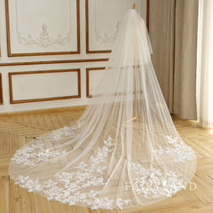 2 Layers lace appliques long tulle cathedral outdoor Wedding Veil