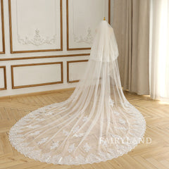 Cathedral Glitter Edge Flower Blush Wedding Veil For Bridal