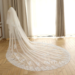 Cathedral Glitter Edge Flower Blush Wedding Veil For Bridal