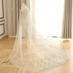 Pearls Edge Elegant Long Wedding Veil Blush Veil