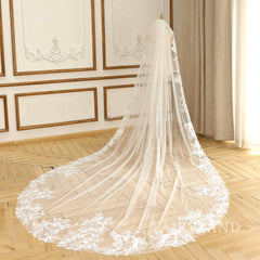 Full Lace edge Bridal Veil Leaves Wedding Veil Elegant Blush Veil