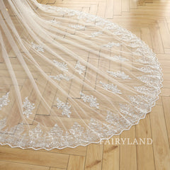 Cathedral Glitter Edge Flower Blush Wedding Veil For Bridal