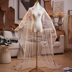Embroidered Floral Tulle Bridal Cape Veil – Long Sheer Wedding Cape with Delicate Appliqué Edge