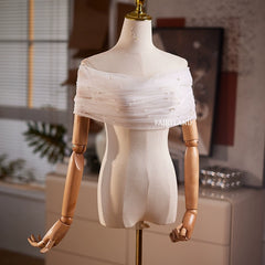 Elegant Off-Shoulder Pearl Tulle Bridal Wrap – Soft Sheer Wedding Shawl for Brides