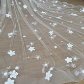 Cathedral Length Wedding Veil with 3D Floral Appliqués – Soft Tulle Romantic Bridal Veil