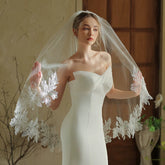 Elegant Lace Edge Wedding Veil – Soft Tulle Bridal Veil with Leaf Embroidered Trim