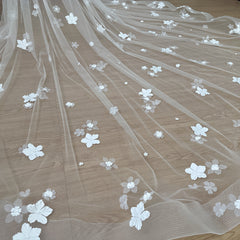 Cathedral Length Wedding Veil with 3D Floral Appliqués – Soft Tulle Romantic Bridal Veil