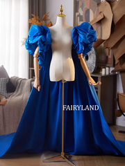 Royal Blue Puff Sleeve Gown – Dramatic Long Train Evening Dress for Photoshoot & Special Occasions