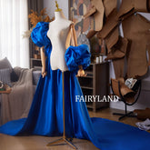 Royal Blue Puff Sleeve Gown – Dramatic Long Train Evening Dress for Photoshoot & Special Occasions