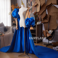 Royal Blue Puff Sleeve Gown – Dramatic Long Train Evening Dress for Photoshoot & Special Occasions