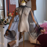 Black Sheer Tulle Cape with Beaded Neckline – Elegant Gothic Bridal & Evening Cover-Up by FAIRYLAND