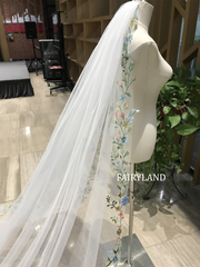 Colorful Wild Flower Wedding Veil, Super Fairy Colorful Lace Bridal Veil, Blue Pink Flower Veil, Custom Hand Made Veil