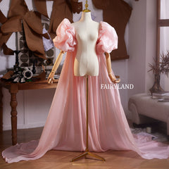 Pink Satin Puff Sleeve Gown – One-Shoulder Draped Train Dress for Bridal & Editorial Photoshoots by FAIRYLAND