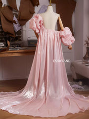 Pink Satin Puff Sleeve Gown – One-Shoulder Draped Train Dress for Bridal & Editorial Photoshoots by FAIRYLAND