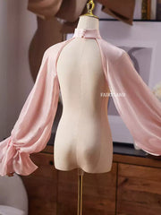 Elegant Sheer Pink Chiffon Bridal Bolero – High Neck Open-Shoulder Wrap with Puffy Lantern Sleeves
