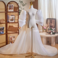 White Organza Oversized Bow Gown – Off-Shoulder Flowing Train Dress for Bridal & Editorial Photoshoots by FAIRYLAND