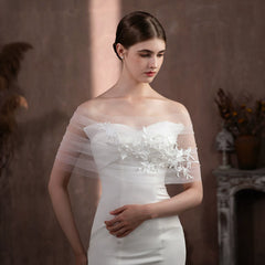 Off-Shoulder Floral Tulle Bridal Wrap – Sheer Wedding Shawl with 3D Lace Appliqué