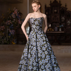 Strapless Floral Jacquard Ball Gown – Elegant Vintage-Inspired Evening & Formal Dress