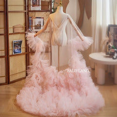 Pink Ruffled Tulle Bridal Robe with Long Train – Sheer Photoshoot Gown by FAIRYLAND