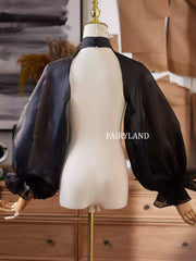 Sheer Black Organza Puff Sleeve Bolero – Detachable Dramatic Bridal Jacket with High Neck