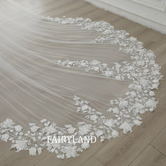 Veil Bridal Pearl 3D Scattered Small Florals, Floral Lace Wedding Veil 1 Tier 118" Cathedral, Lace Wedding Veil Custom Lengt with Comb