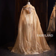 Golden Organza Hooded Cape – Shimmering Bridal Cloak with Beaded Embellished Hood