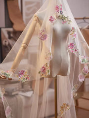Embroidered Floral Tulle Bridal Cape Veil – Long Sheer Wedding Cape with Delicate Appliqué Edge