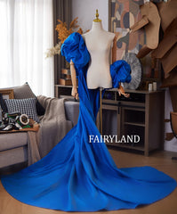Royal Blue Puff Sleeve Gown – Dramatic Long Train Evening Dress for Photoshoot & Special Occasions
