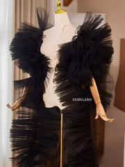 Black Dramatic Ruffled Tulle Sleeves – Couture Statement Detachable Bridal & Fashion Accessories