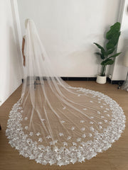 Cathedral Length Lace Wedding Veil – Soft Tulle Bridal Veil with Floral Appliqué Edge