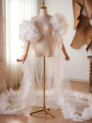 Dramatic Feathered Tulle Bridal Cape Train – Couture Sheer Wedding Overskirt with Soft Ruffle Edge
