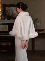 Elegant Faux Fur Bridal Cape – Winter Wedding Shawl with Soft Plush Trim & Warm Hooded Design