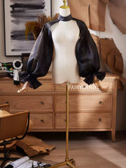 Sheer Black Organza Puff Sleeve Bolero – Detachable Dramatic Bridal Jacket with High Neck