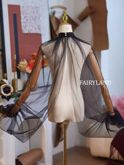 Black Sheer Tulle Cape with Beaded Neckline – Elegant Gothic Bridal & Evening Cover-Up by FAIRYLAND