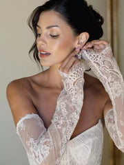 Elegant Floral Lace Bridal Gloves – Sheer Long Wedding Gloves with Scalloped Edge