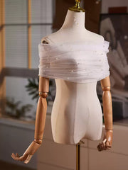 Pearl-Embellished Off-Shoulder Bridal Tulle Shawl-Soft Sheer Wedding Wrap for Church & Formal Ceremonies