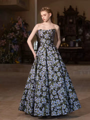Strapless Floral Jacquard Ball Gown – Elegant Vintage-Inspired Evening & Formal Dress