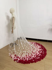 Cathedral Length 3D Floral Wedding Veil – Romantic Tulle Bridal Veil with Ombre Petal Appliqué Train