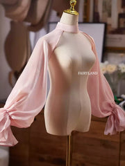 Elegant Sheer Pink Chiffon Bridal Bolero – High Neck Open-Shoulder Wrap with Puffy Lantern Sleeves