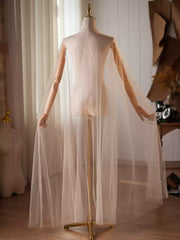 Sheer Tulle Bridal Cape with Long Sleeves – Soft Wedding Cape Wrap with Front Tie