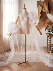 Dramatic Feathered Tulle Bridal Cape Train – Couture Sheer Wedding Overskirt with Soft Ruffle Edge