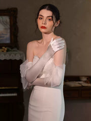 Elegant Sheer Tulle Bow Bridal Gloves – Long Satin Wedding Gloves for Brides