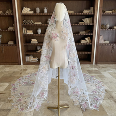 Glamorous Sequin Flower Mantilla Veil. Soft Tulle Flower Trim Wedding Veil. Elegant Bridal Veil with Floral Applique. One Piece Veil.