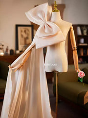 Ivory Satin Bow-Back Gown – Off-Shoulder Train Dress for Bridal & Editorial Photoshoots by FAIRYLAND