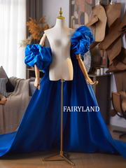 Royal Blue Puff Sleeve Gown – Dramatic Long Train Evening Dress for Photoshoot & Special Occasions