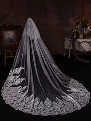 Cathedral Length Lace Wedding Veil with Heavy Embroidered Edge – Elegant Long Bridal Veil