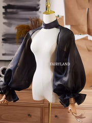 Sheer Black Organza Puff Sleeve Bolero – Detachable Dramatic Bridal Jacket with High Neck